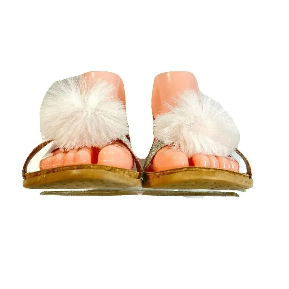 UGG Girls Pink Faux Fur Pom Pom Sandals Size 5 Fonda‎ Glitter Pink Silver